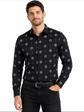 Express Men’s Slim Fit Black Medallion Print Button Down Shirt Tall M